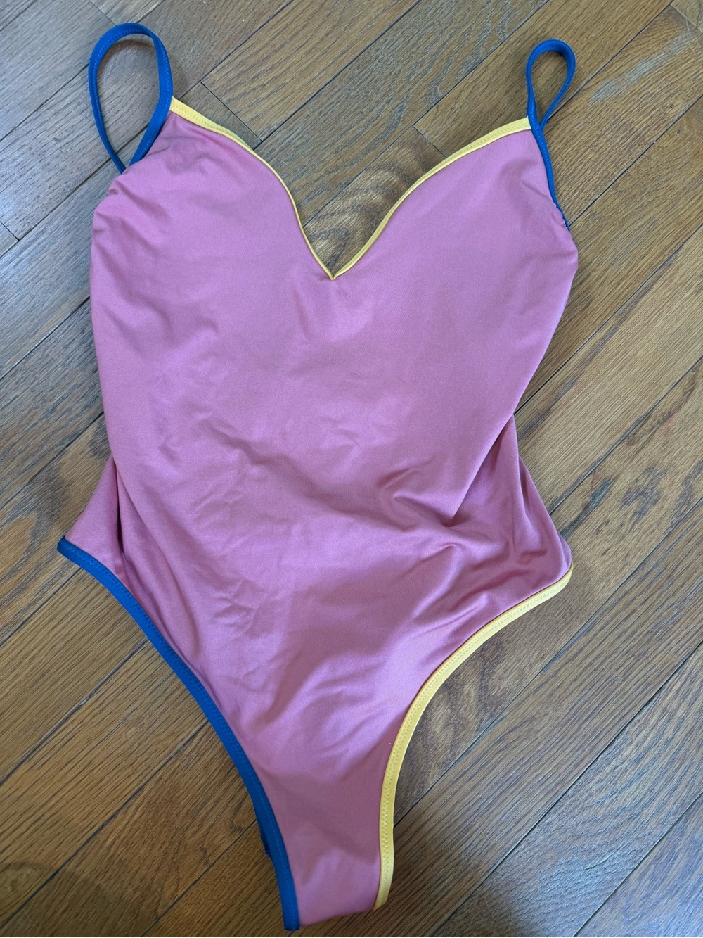 J. Crew Pink Swimsuit with Blue Straps and Yellow Accent